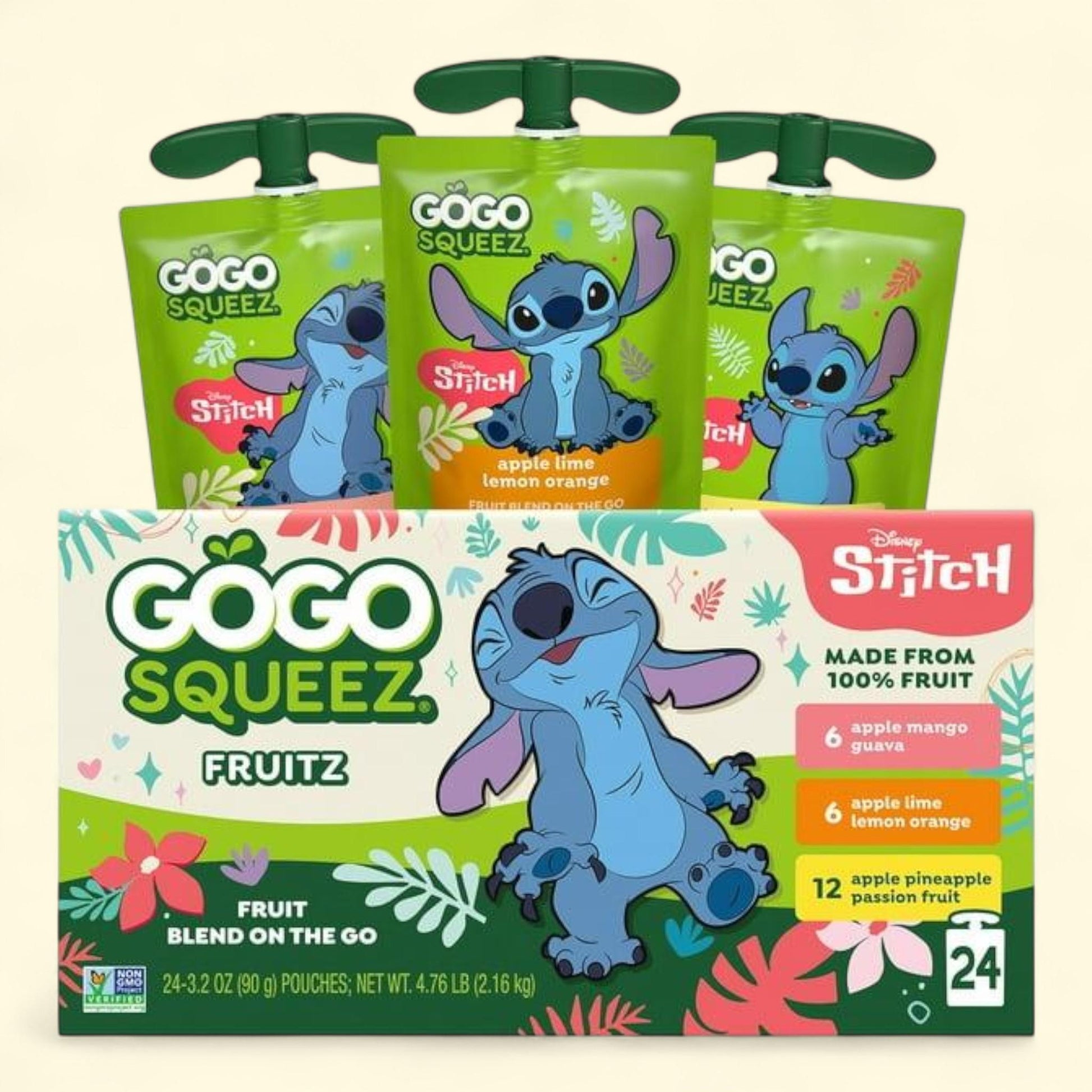 GoGo SqueeZ : purée de pommes et de fruits Lilo & Stitch de Disney, assortiment tropical, paquet de 24. GoGo SqueeZ : purée de pommes et de fruits Lilo & Stitch, paquet de 24.