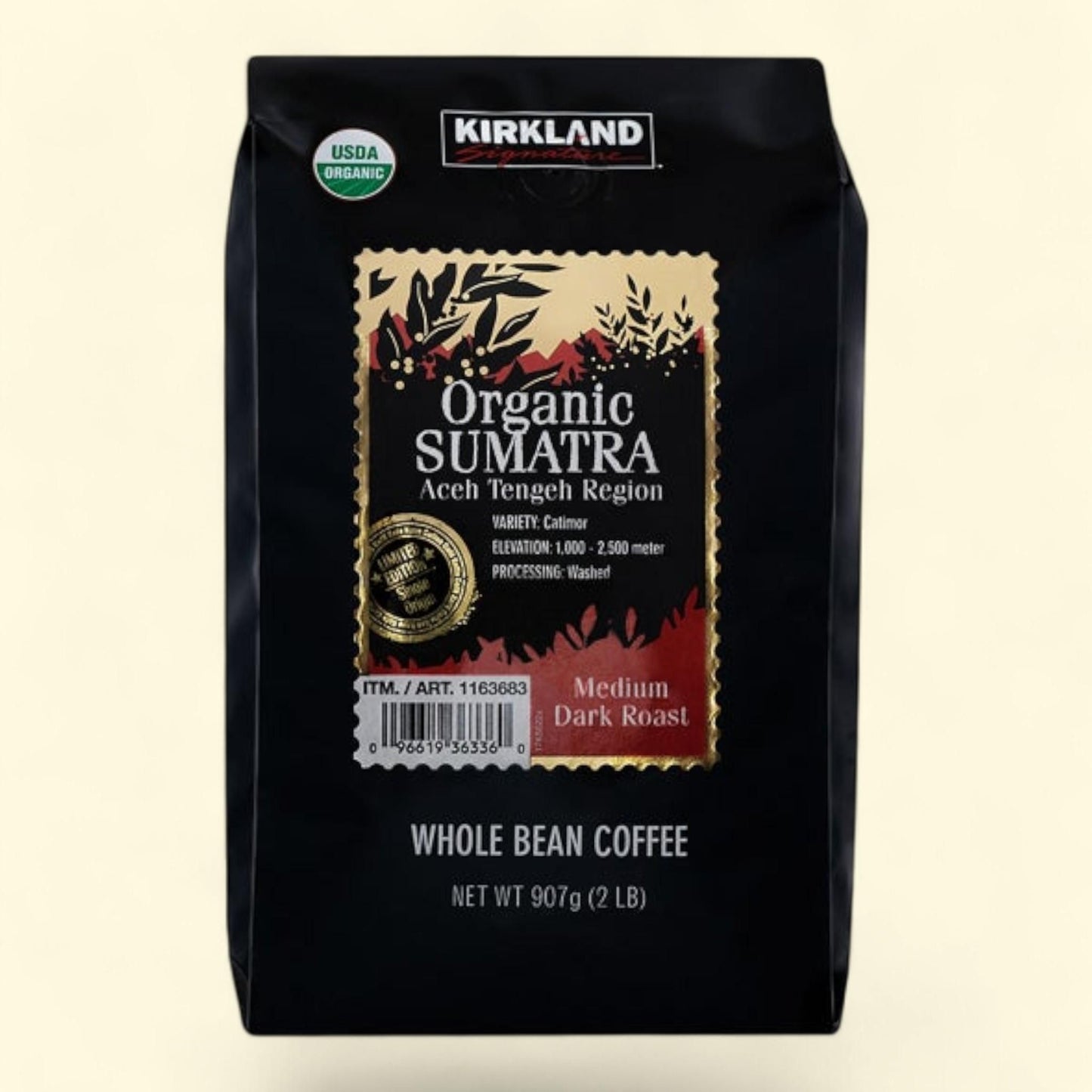 Kirkland Signature Organic Sumatra Whole Bean Coffee, 2 lbs (2-pack)
