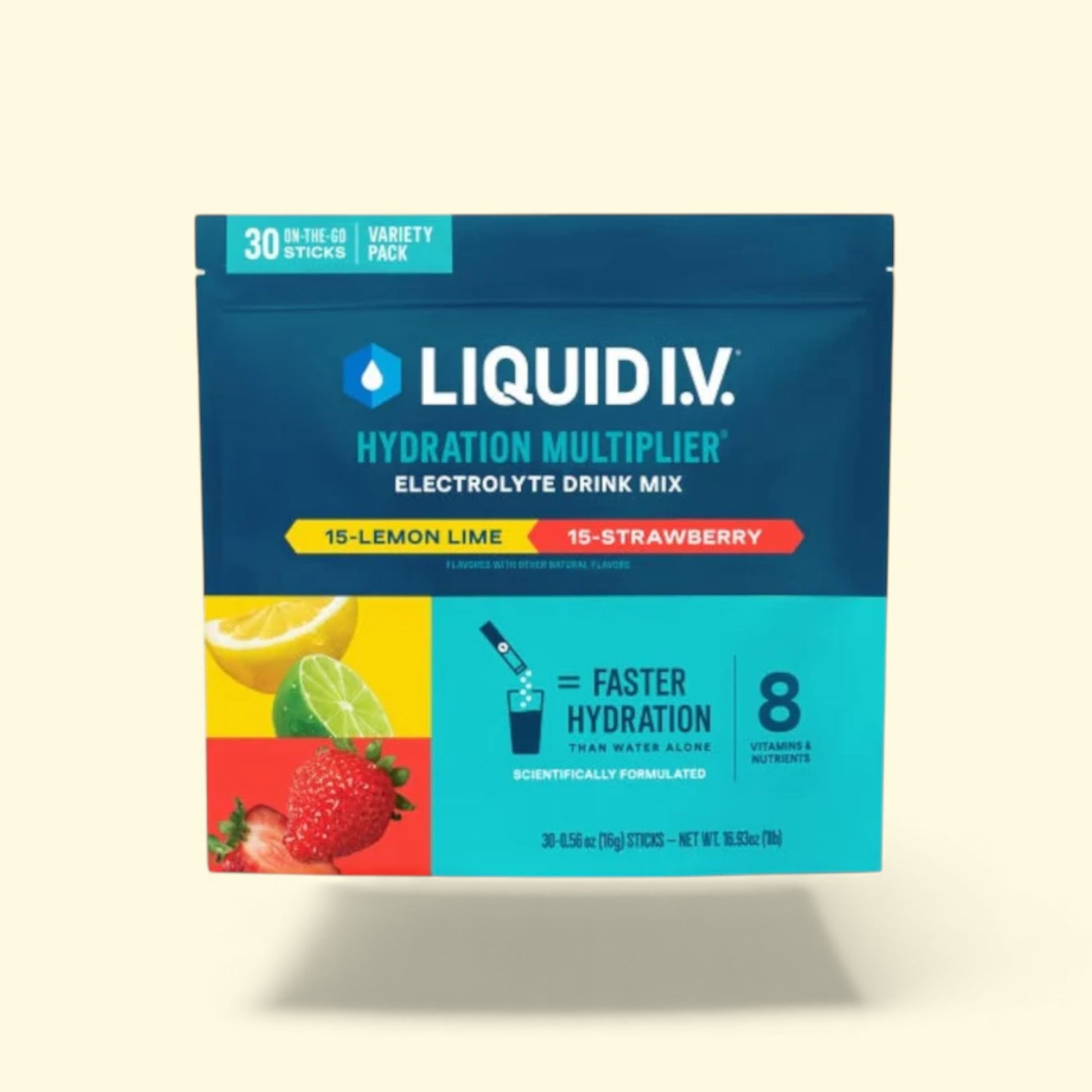 Liquid IV Hydration Multiplier electrolyte drink mix package on a beige background