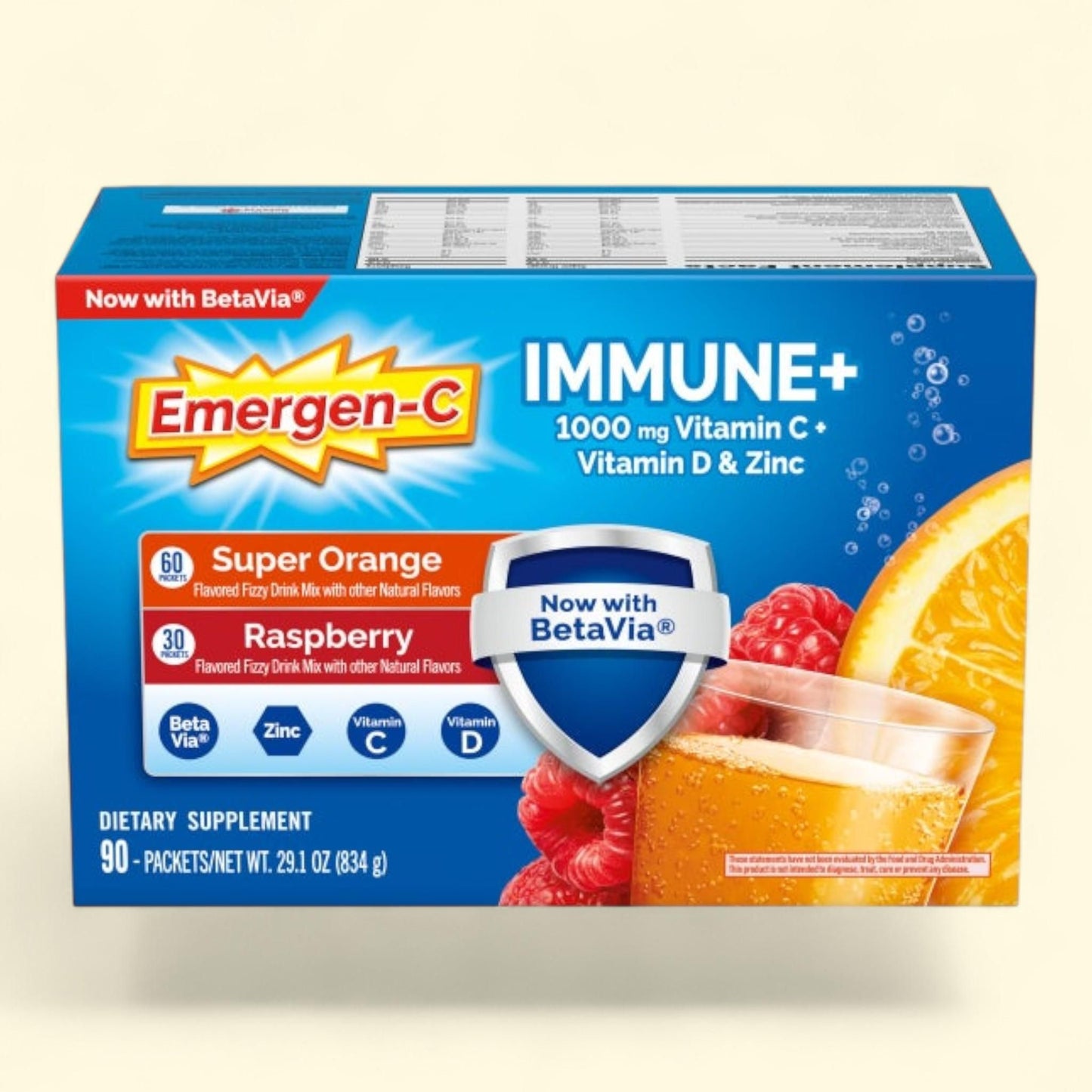 Emergen-C Immune+ 1000 mg Vitamin C + Vitamin D & Zinc, 90 Packets