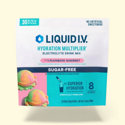 Box of Liquid I.V. Rainbow Sherbet electrolyte drink mix on a light beige background