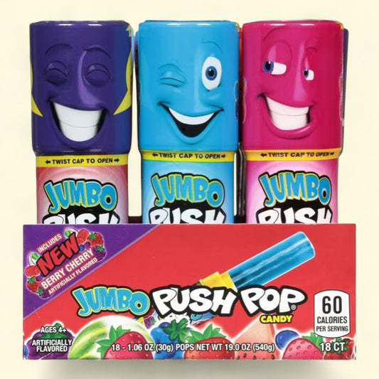 Jumbo Push Pop, sucettes aux saveurs variées, barquette de 18 pièces