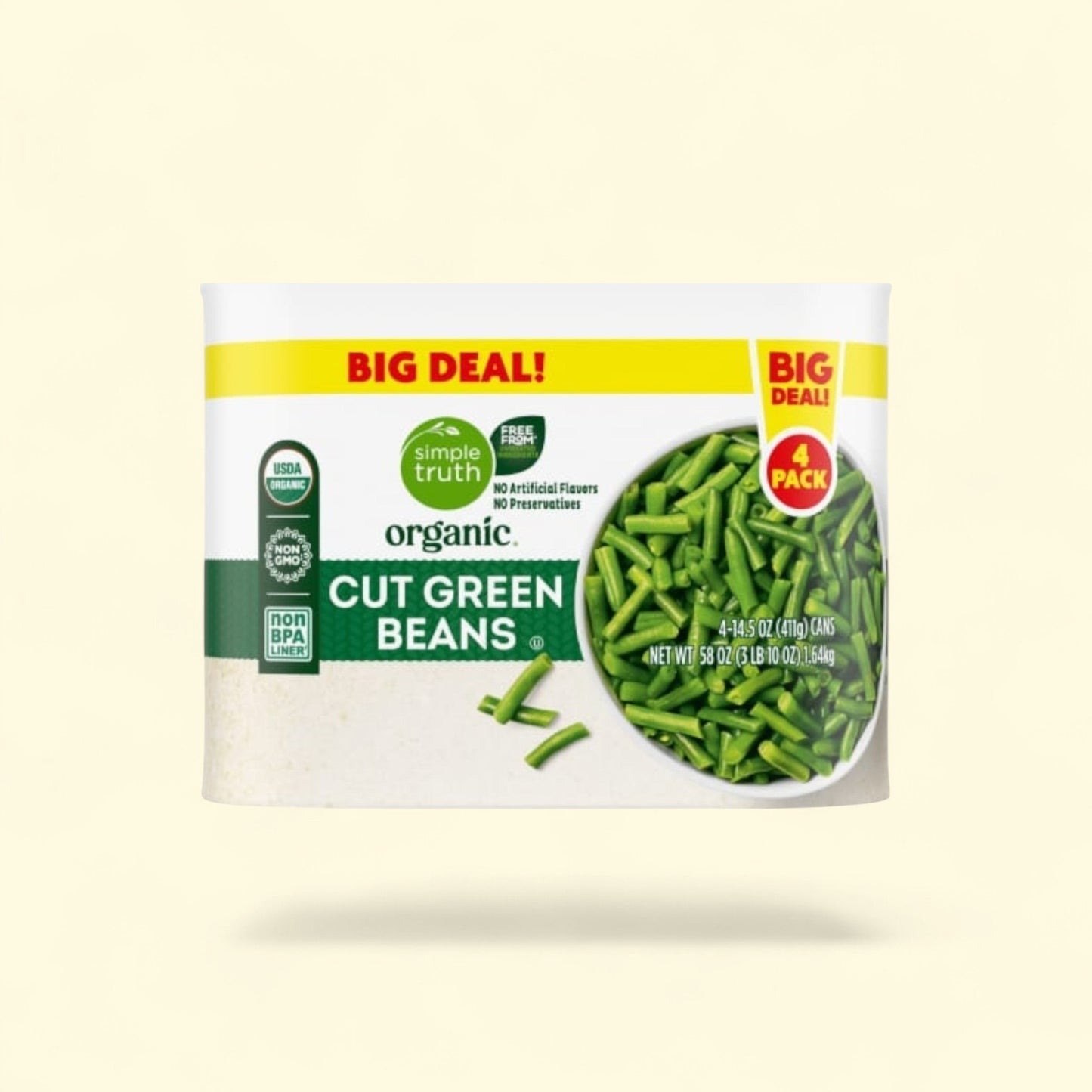 Simple Truth Organic, Cut Canned Green Beans, 4 count, 14.5 oz — authentic US product shipped worldwide by Treatspree
