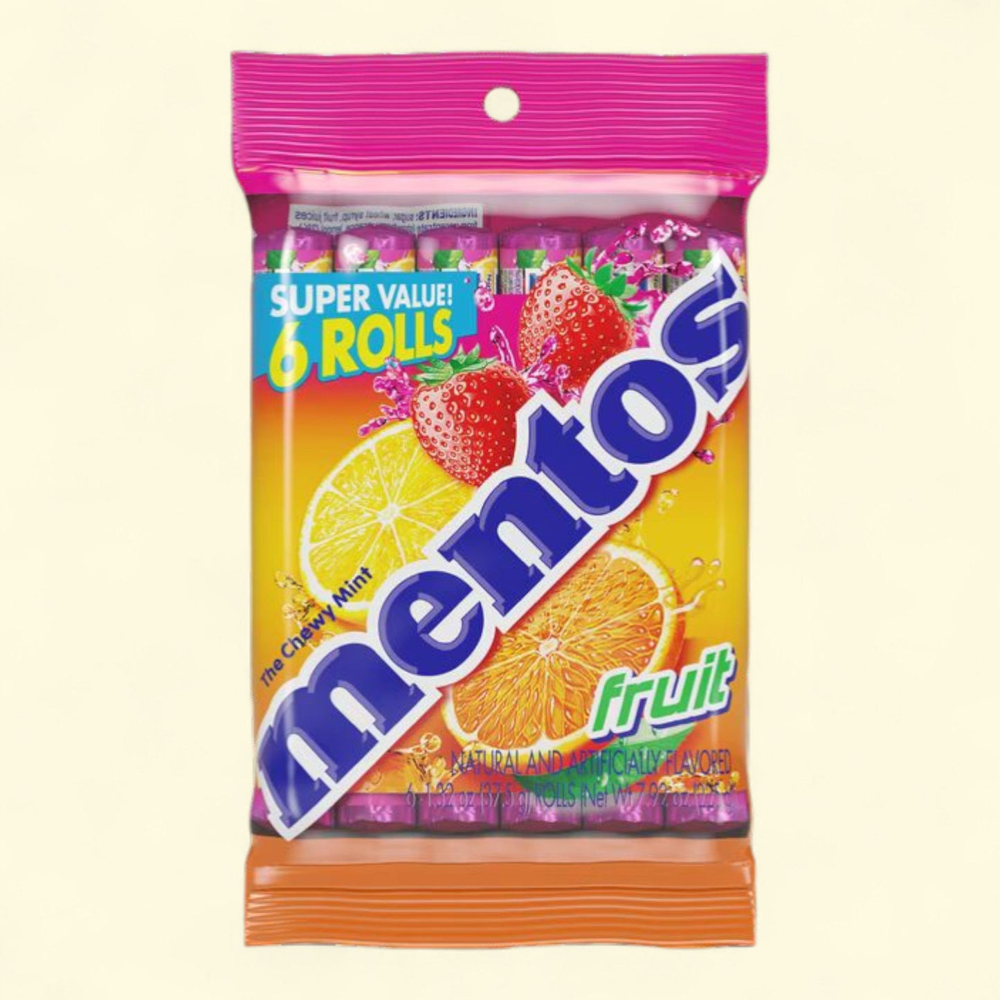 Mentos Chewy Mint Candy Roll, Fruit, 1.32 oz, 6 Count