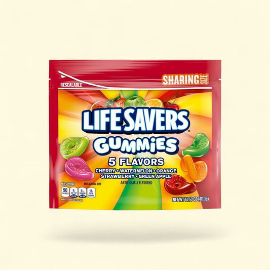 LIFE SAVERS 5 Flavor GUMMIES Chewy Candy Resealable Bag 14.5oz — authentic US product shipped worldwide by Treatspree