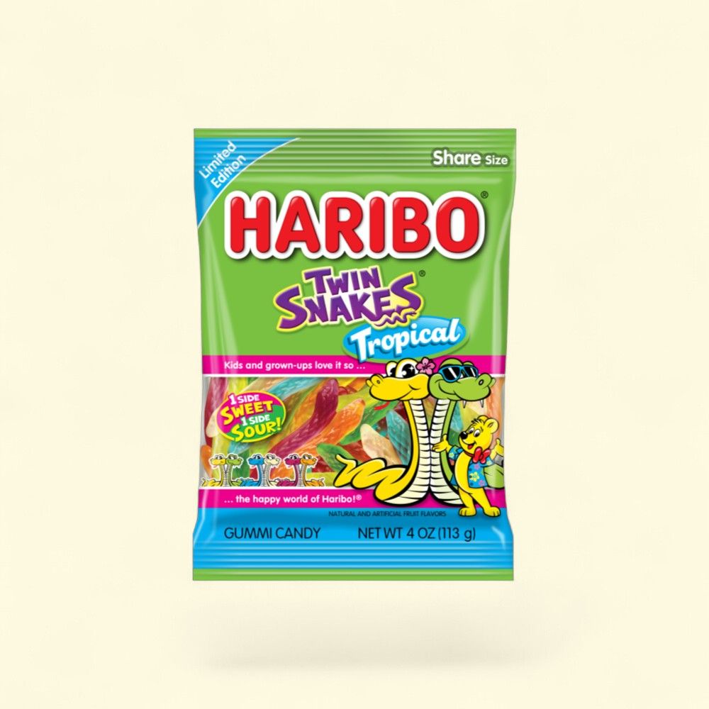 Haribo Twin Snakes Tropical Gummy Candy Peg Bag, 4oz — authentic US product shipped worldwide by Treatspree