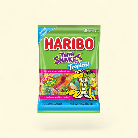 Haribo Twin Snakes Tropical Gummy Candy Peg Bag, 4oz — authentic US product shipped worldwide by Treatspree