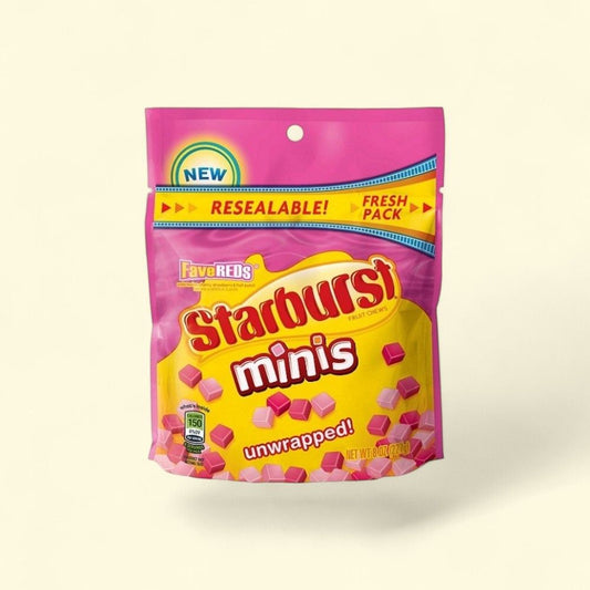 STARBURST Fave Reds Minis Chewy Candy Stand-Up Bag 8oz — authentic US product shipped worldwide by Treatspree