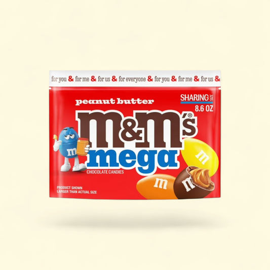 M&M's Mega Peanut Butter Chocolate Candy, Sharing Size 8.6 oz Bag — authentic US product shipped worldwide by Treatspree