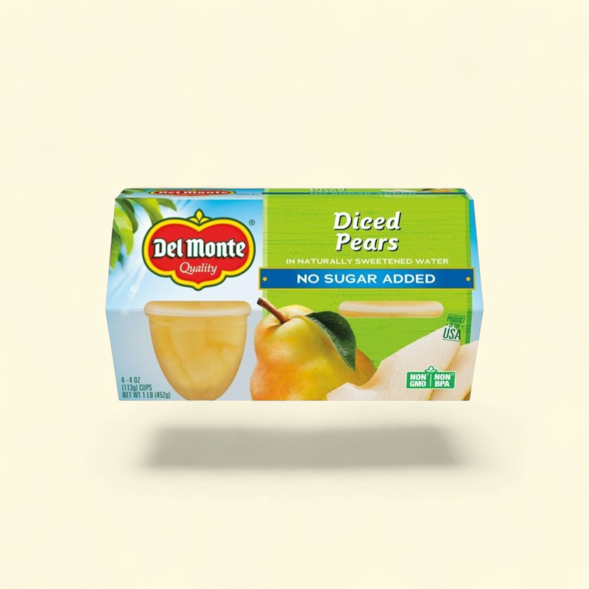 Del Monte Diced Pears Fruit Cup Snacks, 4 oz, 4 count — authentic US product shipped worldwide by Treatspree