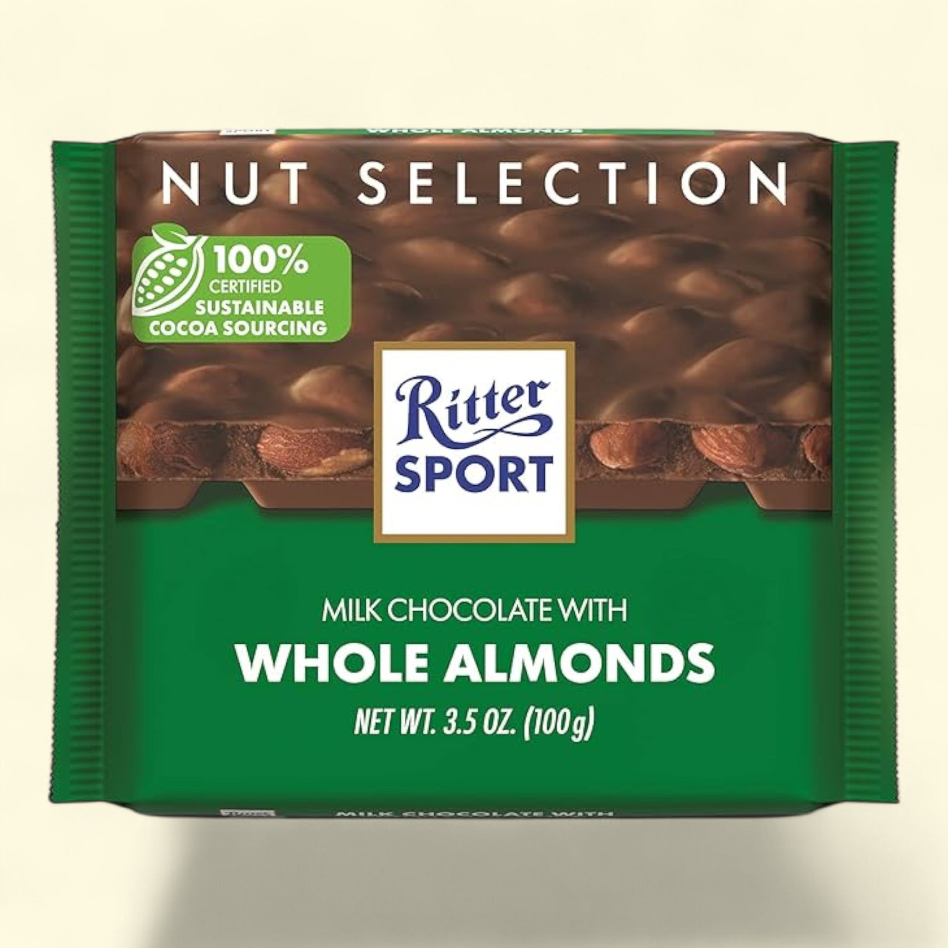 RITTER SPORT Milk Chocolate Candy Bar with Whole Almond, 3.5oz — authentic US product shipped worldwide by Treatspree