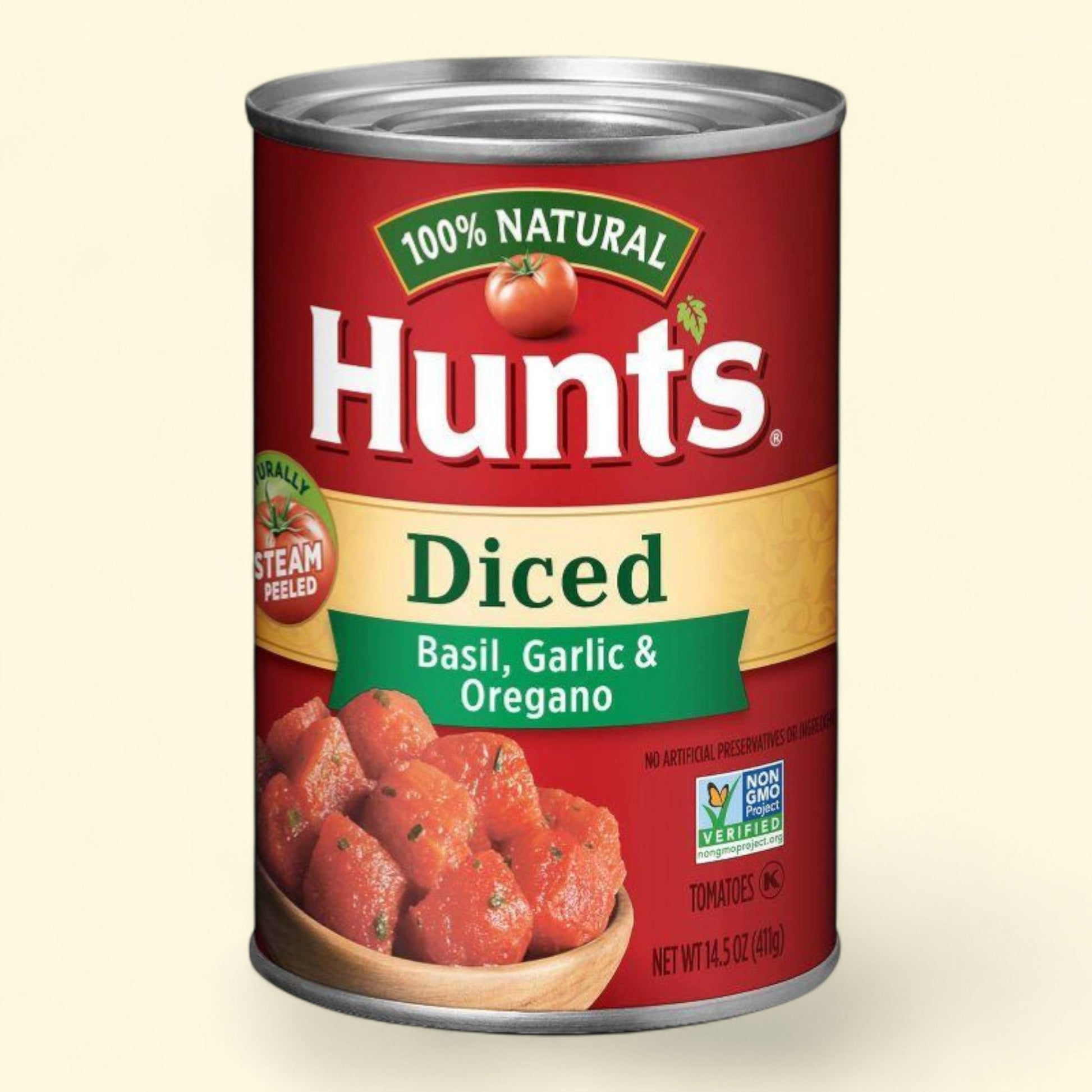 Hunt's 100% Natural Basil, Garlic & Oregano Diced Tomatoes 14.5oz — authentic US product shipped worldwide by Treatspree