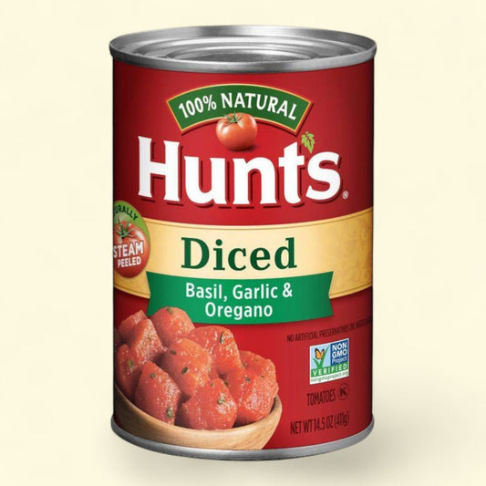 Hunt's 100% Natural Basil, Garlic & Oregano Diced Tomatoes 14.5oz — authentic US product shipped worldwide by Treatspree
