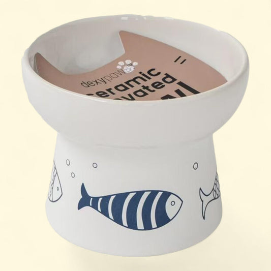 Dexypaws: Ceramic Cat Bowl - White & Navy Fish, 7oz