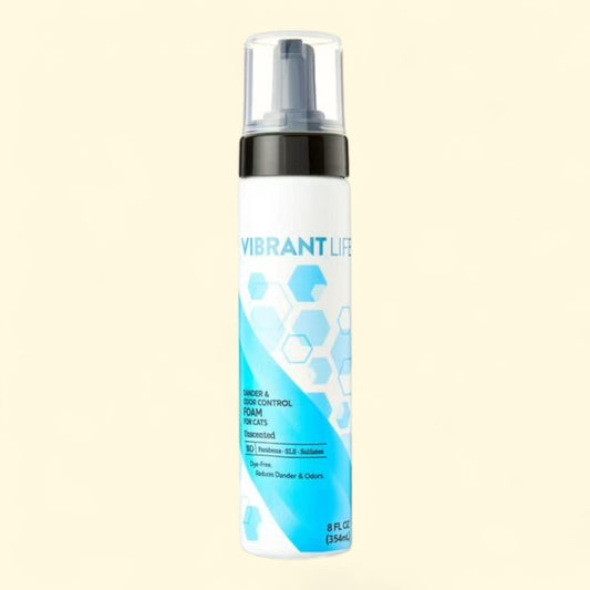 Shampoing pour chat Vibrant Life, moussant sans eau, réduisant les squames et les odeurs, 237 ml