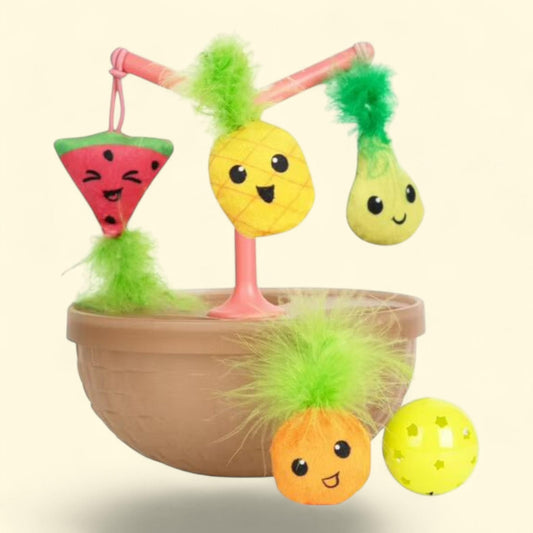 Catstages Hunt N' Wobble Fruit Bowl Cat Toy, 5 Catnip Toys, Jingle Ball, Flingers, Multicolored,1 count