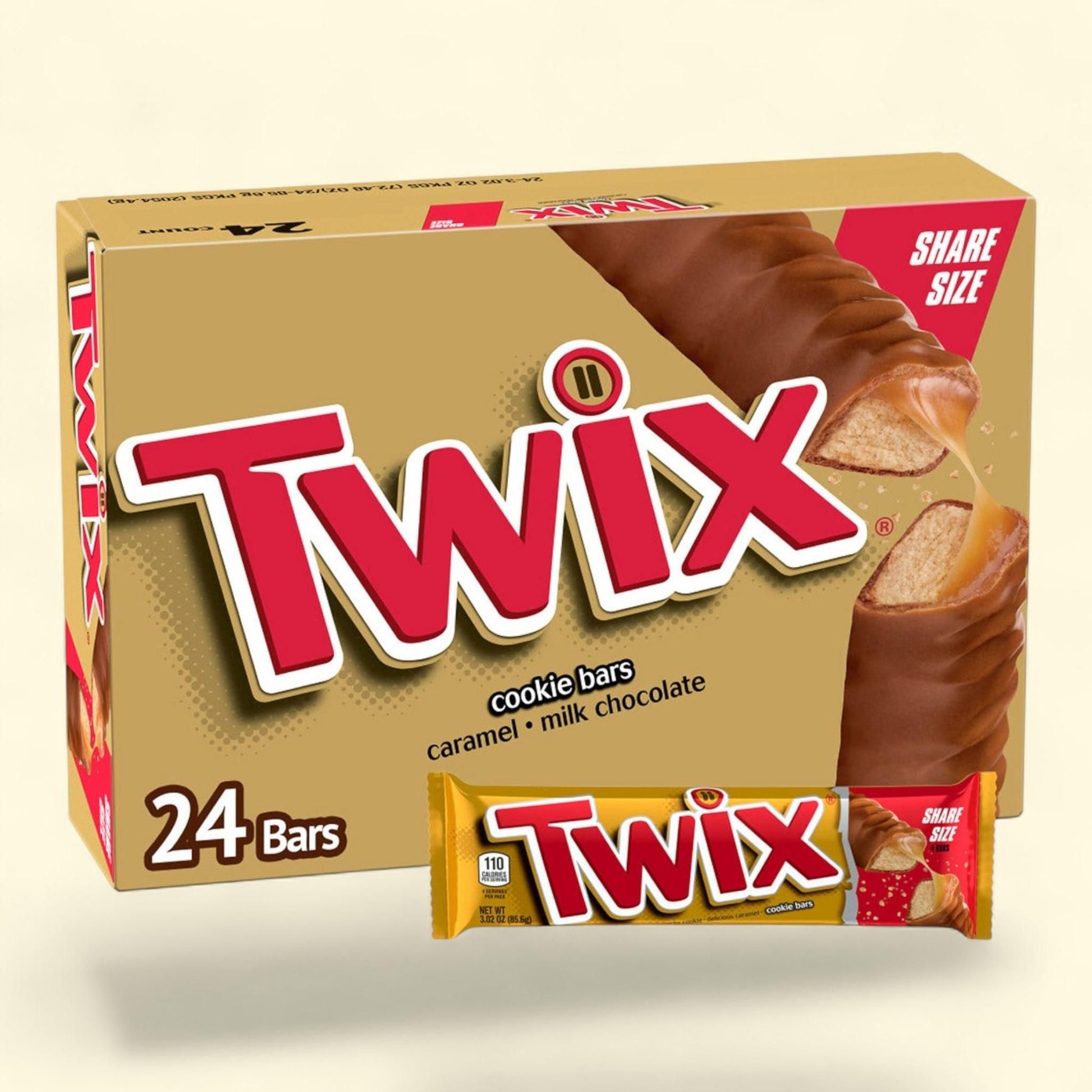 Twix Cookie Candy Bar, Share Size, 3.02 oz, 24-count