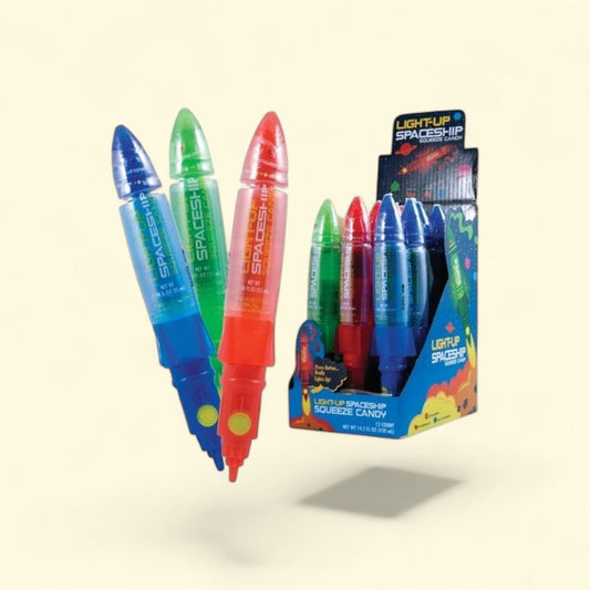 Light-Up Spaceship Squeeze Candy Assorted Flavors (12 Count) — authentic US product shipped worldwide by Treatspree