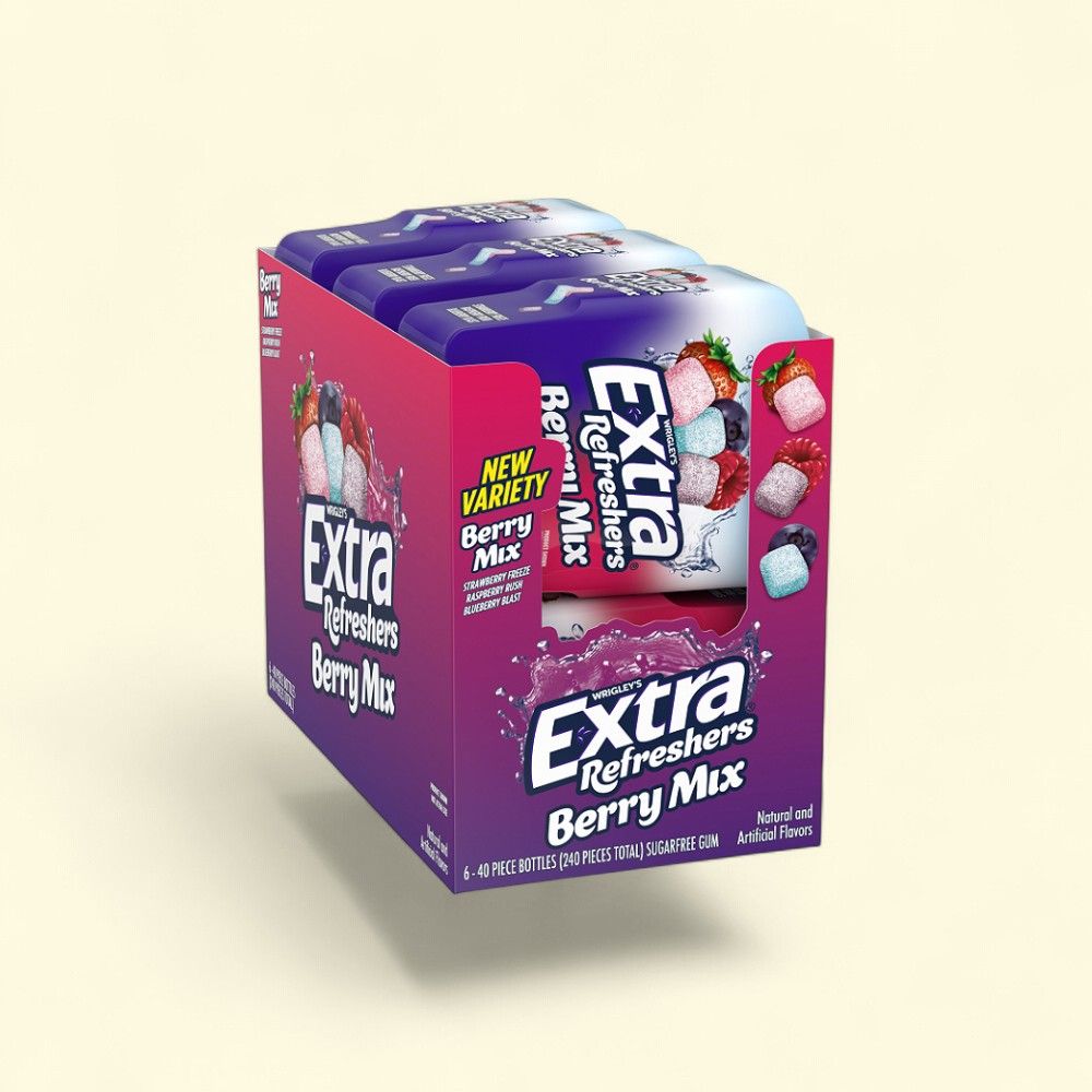 Extra Berry Mix Refreshers Gum, Bottle (6 x 40 Count) — authentic US product shipped worldwide by Treatspree