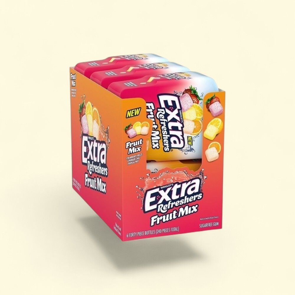 EXTRA Refreshers Fruit Mix Sugar Free Chewing Gum, 6x 40ct Bottles — authentic US product shipped worldwide by Treatspree