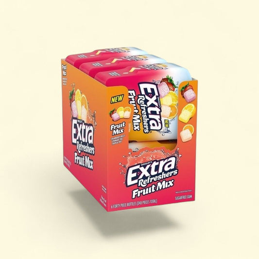 EXTRA Refreshers Fruit Mix Sugar Free Chewing Gum, 6x 40ct Bottles — authentic US product shipped worldwide by Treatspree