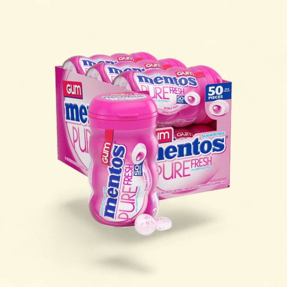 Mentos Pure Fresh Strawberry Bottle Gum - 50 Count (6-Pack) — authentic US product shipped worldwide by Treatspree
