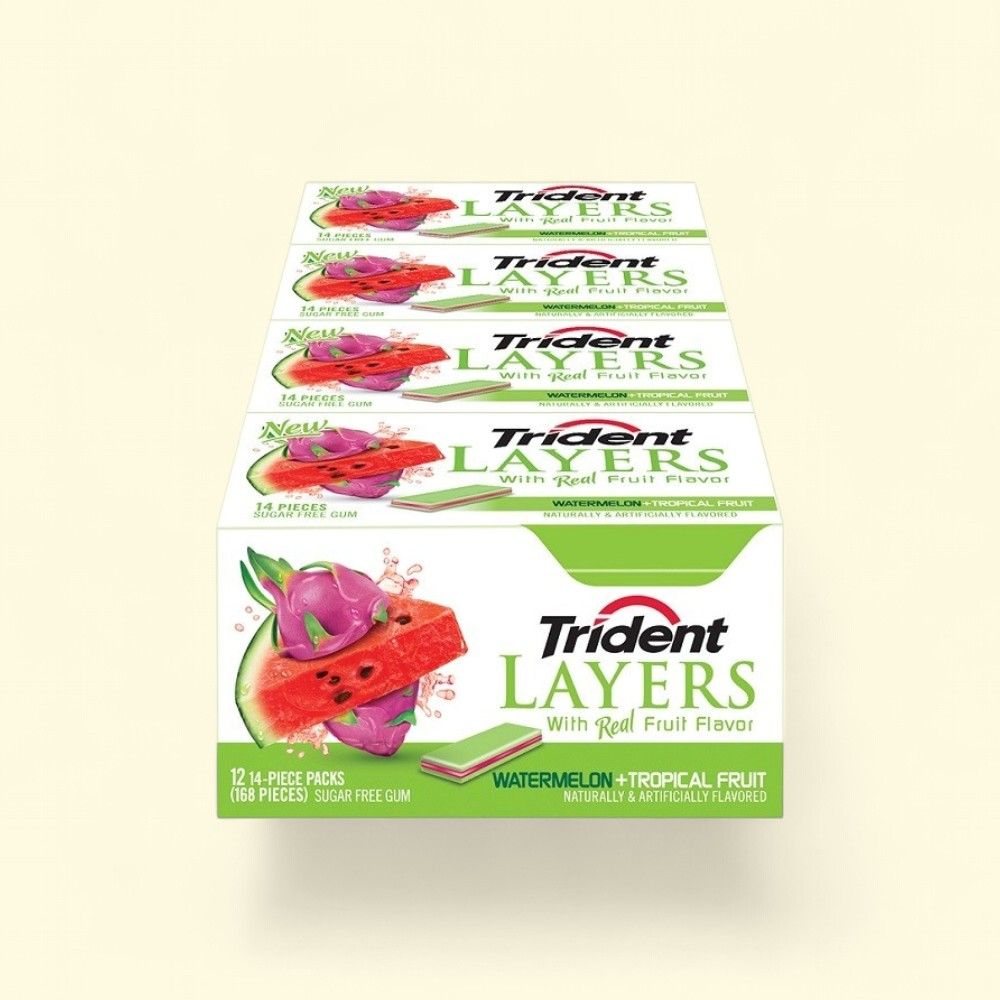 Trident Layers Watermelon & Tropical Fruit Sugar-Free Gum 12-Pack — authentic US product shipped worldwide by Treatspree