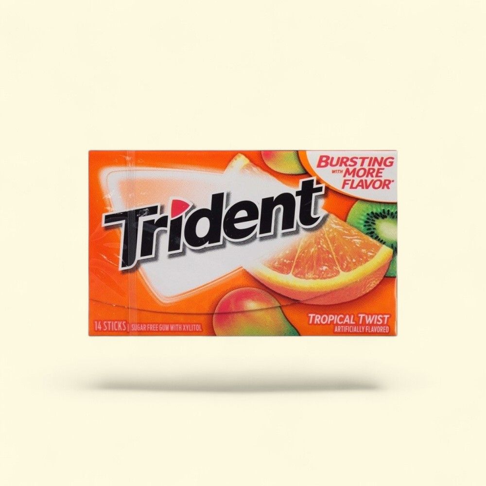 Trident Tropical Twist Sugar Free Gum - 12 Pack (14 Sticks Each) — authentic US product shipped worldwide by Treatspree