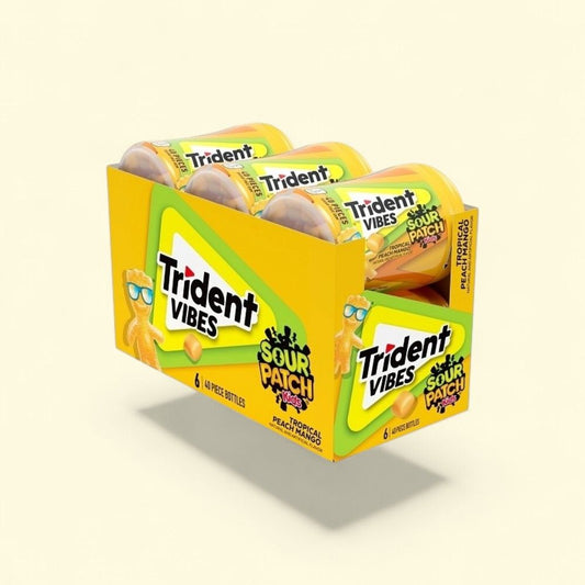 Trident Vibes Sour Patch Kids Tropical Peach Mango Gum 6-Count — authentic US product shipped worldwide by Treatspree