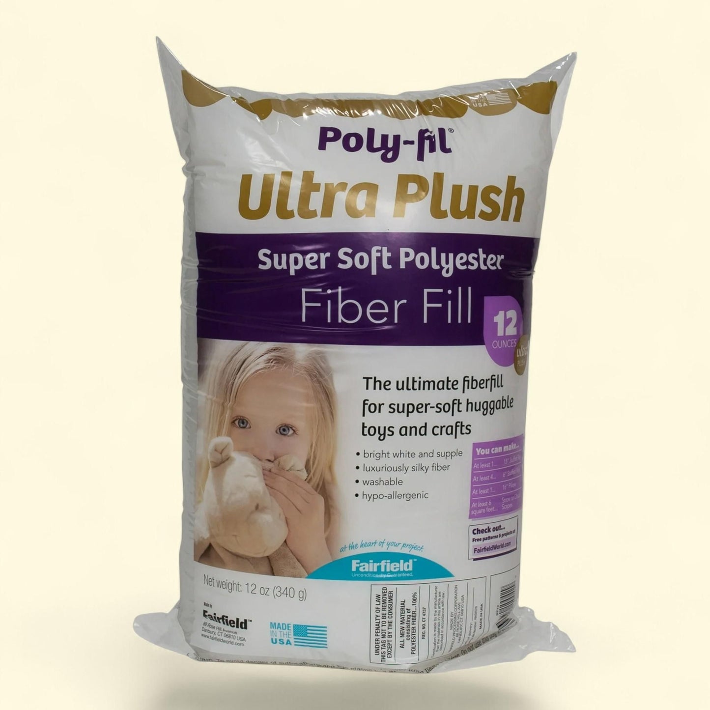 Fairfield Poly-Fil Ultra Plush Super Soft Polyester Fiberfill, 12 oz. Bag