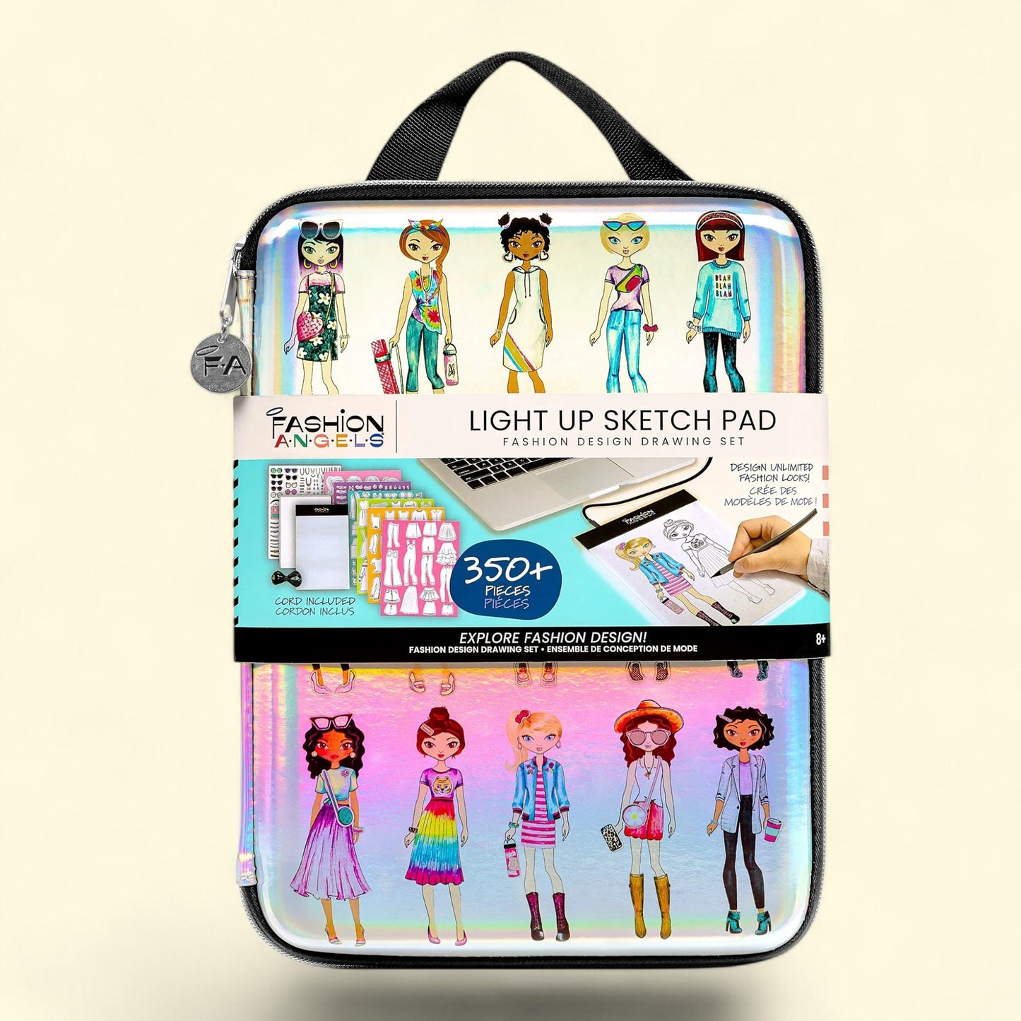 Kit de dessin avec bloc à croquis lumineux « Fashion Angels » pour créateurs de mode, trousse de transport multicolore, activité pour préadolescents