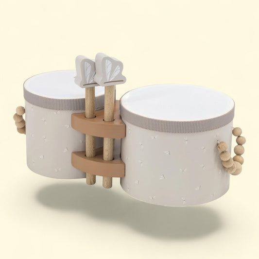 Label Label, Wooden Bongos - Tan, 2 Dragonfly-Shaped Drum Sticks, Carry Handles, Toddler & Kids Ages 2+