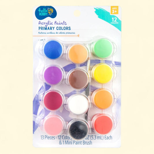 Hello Hobby Acrylic Paints, Primary Colors, Paintbrush
