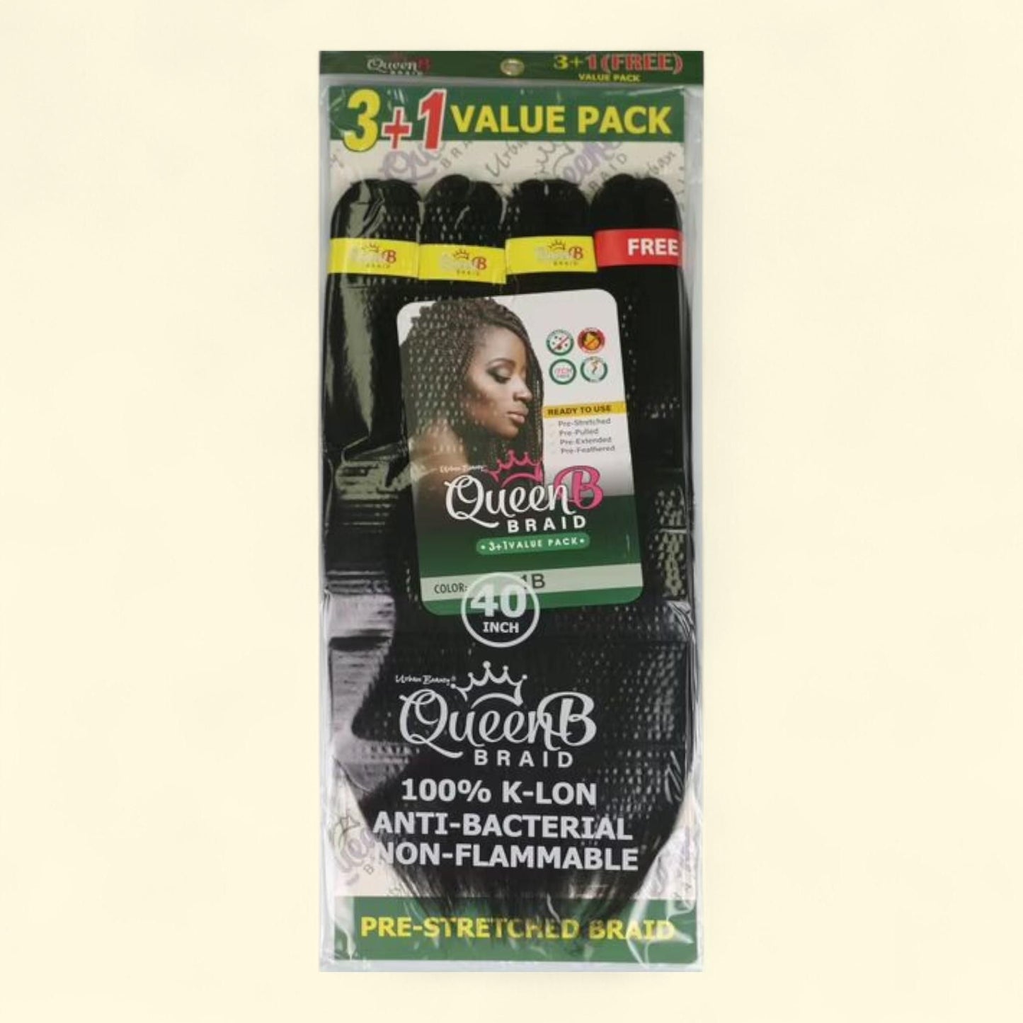 Urban Beauty Queen B Pre-Stretched Braiding Hair 4X Pack, 40 Inch, #1B