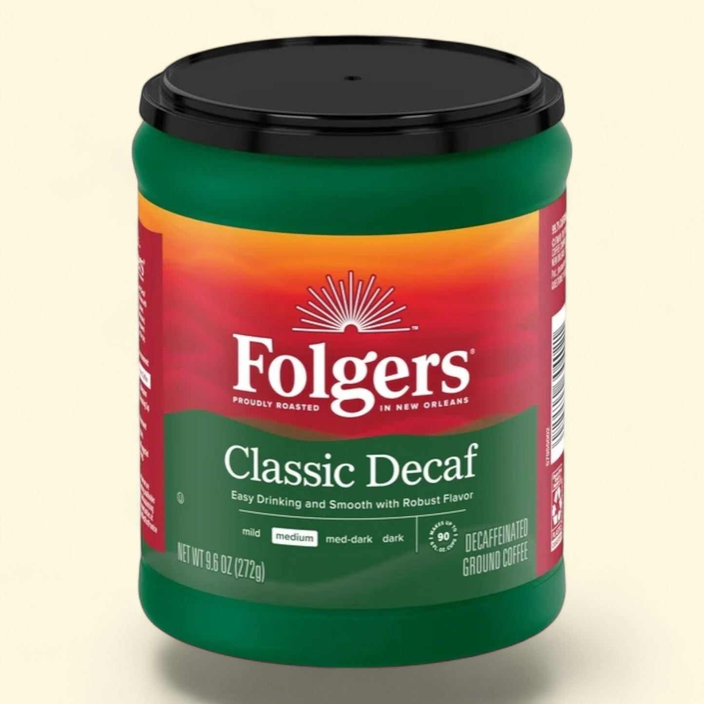 Folgers Decaf Coffee, Ground Coffee, Classic Medium Roast, 9.6 oz Canister