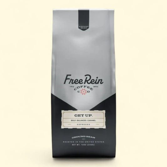 Free Rein Coffee Company, Get Up Espresso Dark Roast Ground Coffee, 12oz Bag