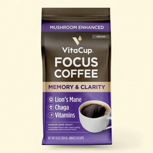 VitaCup Focus Ground Coffee Medium Roast Lions Mane, Chaga Mushroom & B Vitamin - 10oz