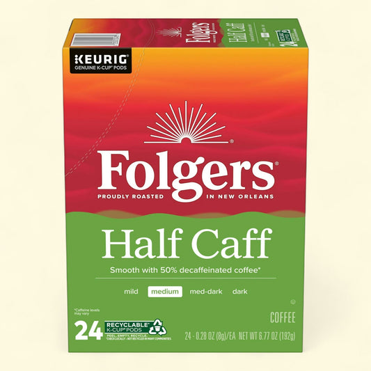 Folgers 1/2 Caff Coffee, Medium Roast, Keurig K Cup Pods, 24 Count