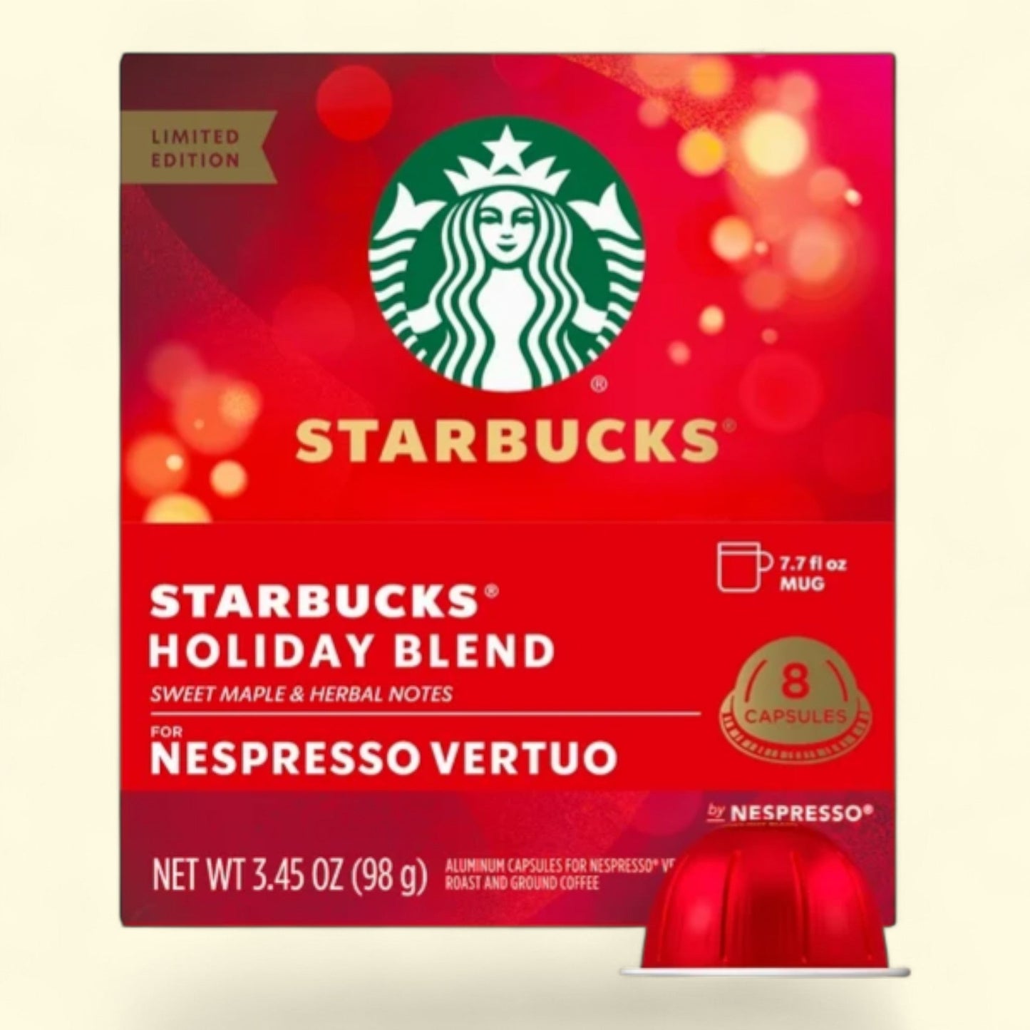 Starbucks by Nespresso Vertuo Line Pods, Medium Roast Coffee, Holiday Blend, 8 Count