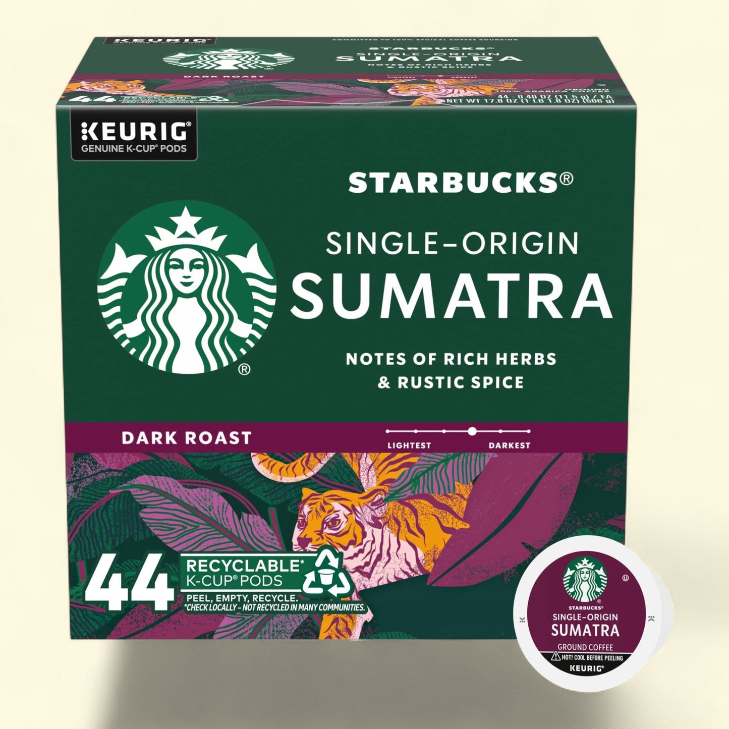 Starbucks Sumatra Dark Roast Coffee Pods, 44 Count