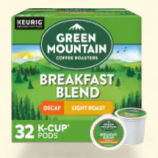 Green Mountain Coffee Roasters Decaf Breakfast Blend Light Roast K-Cup Coffee Pods, 32 count