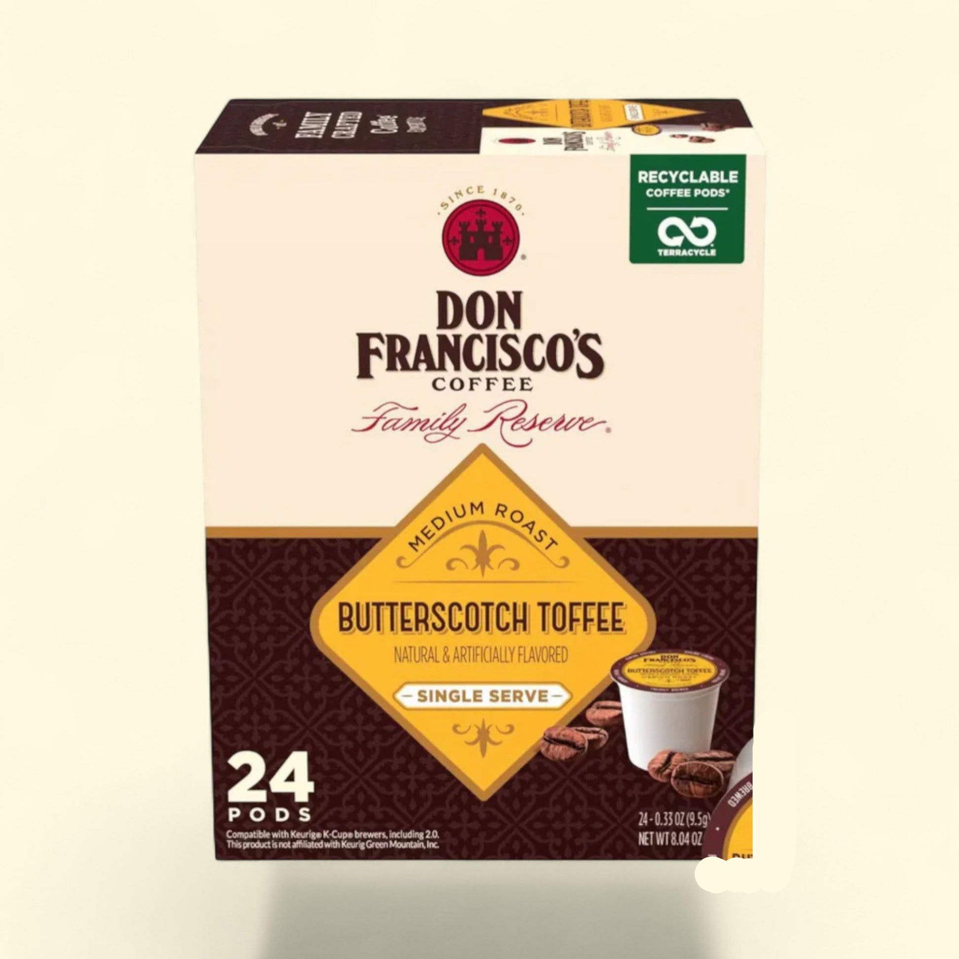 Box of Don Francisco's Coffee Family Reserve Butterscotch Toffee single serve coffee pods on a beige background