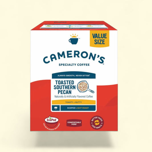 Cameron's Specialty Coffee Toasted Southern Pecan package on a beige background