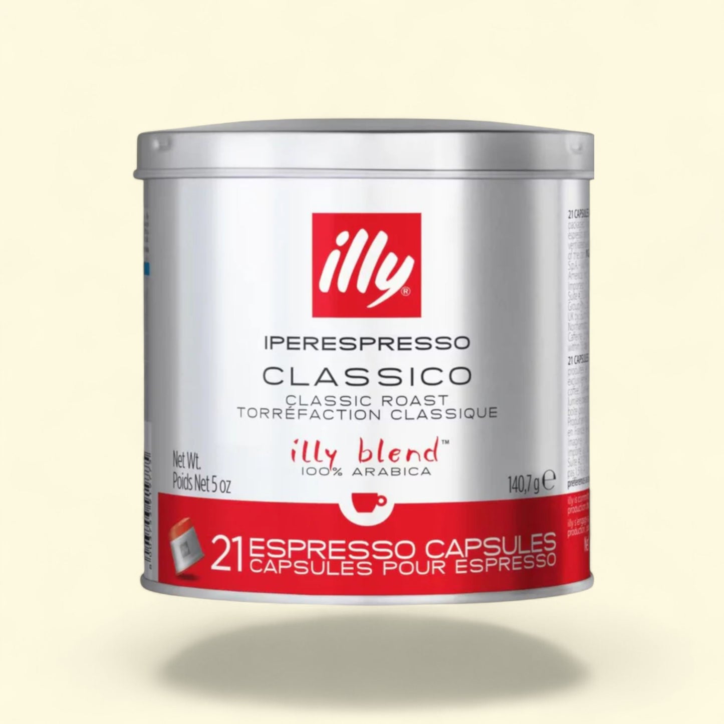 Can of illy Iperespresso Classico coffee capsules on a beige background