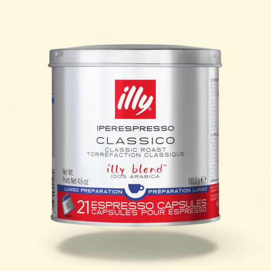 Can of illy iperespresso Classico classic roast torrefaction classique espresso capsules on a light beige background