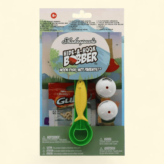 Kit de pêche pour enfants Shakespeare Adventure Hide-A-Hook Bobber, comprenant 2 flotteurs Hide-A-Hook, 1 sachet d'appâts souples Berkley Waxies, 1 leurre Casting Minnow et un journal de pêche