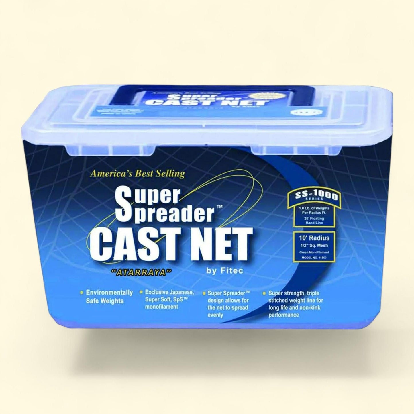 Fitec SS1000 Super Spreader Clear Mono Fishing Cast Net, 7' x 3/8" Mesh