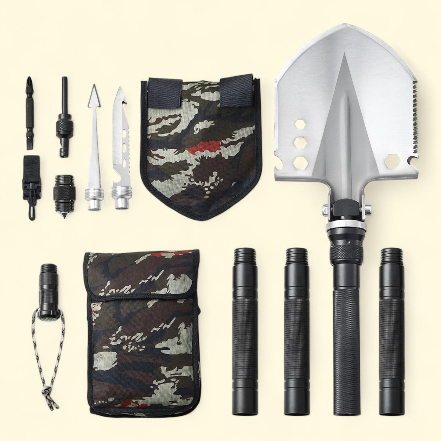 Pelle de secours KFFKFF, 13 fonctions, compacte et portable, conforme aux normes militaires, polyvalente, pour les aventures tout-terrain, les séjours en camping, les randonnées et les activités de plein air