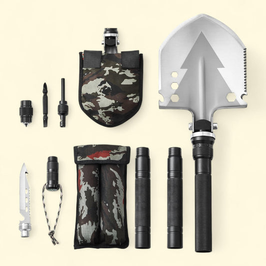 KFFKFF Emergency Shovel, 11 Function, Foldable Camping Tool, Military Standard, Compact Portable Shovel, Versatile for Off-Road Adventures, Camping Activities, Hiking Excursions, Outdoor Enthusiasts