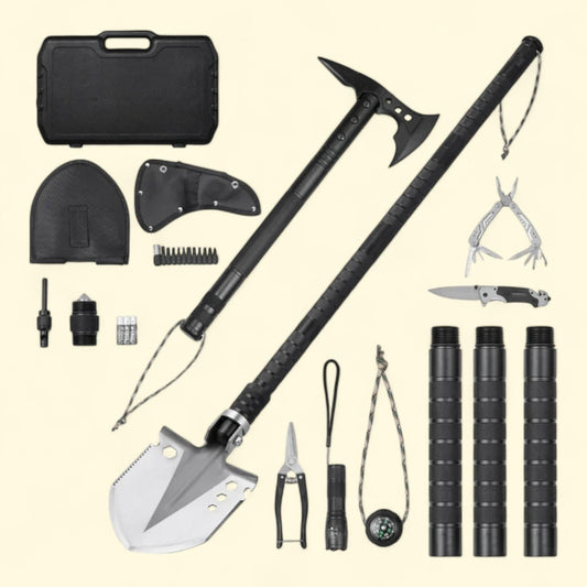 KFFKFF Emergency Preparedness Shovel and Axe, 28-Function, Stainless Steel, Essential Survival Gear, Outdoor Activities